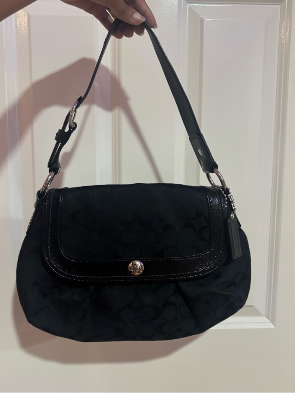 Coach Black Signature Shoulder Bag with Patent Trim